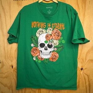 Papercut T Shirt XL Green Skull Roses Graphic Print Nothing‎ Is Eternal Colorful